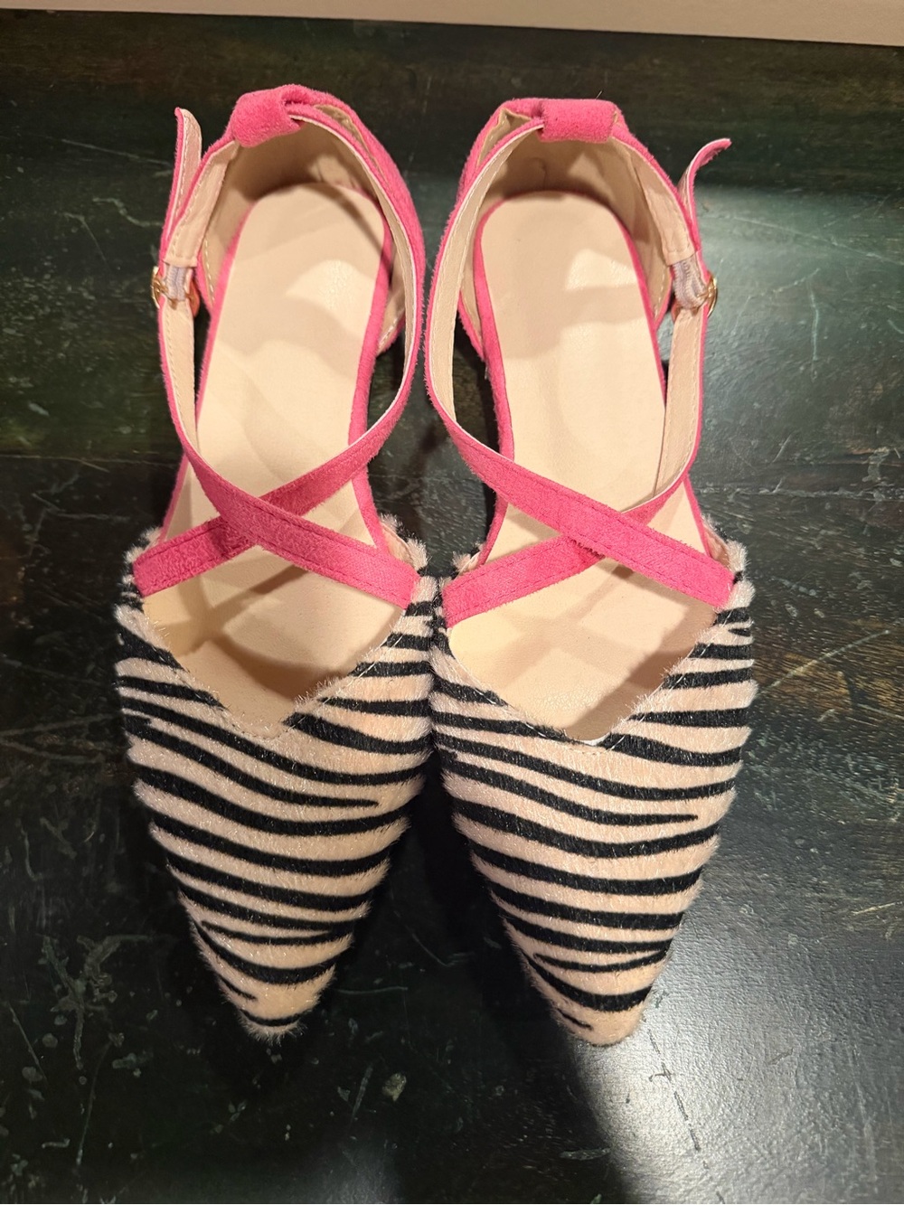 Zebra-Pattern Pointed Flats with Pink Crisscross Straps